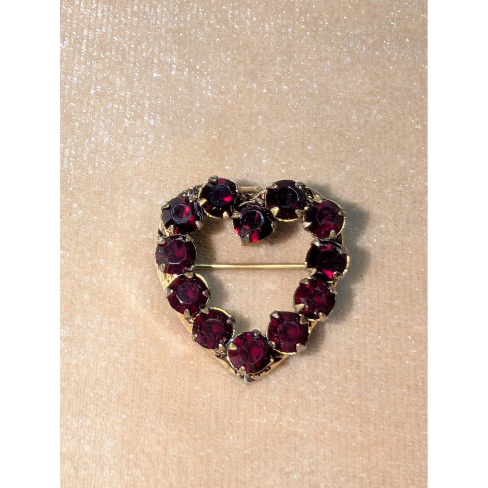 Vintage Gold Tone Red Rhinestone Heart Brooch Pendant Victorian Revival Pin
